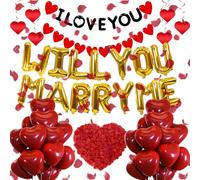 Proposal Decorations, Gold Will You Marry Me Balloons Banner I Love You Banner Heart Bunting Garland Hanging Swirls Red Heart Foil Balloons Rose Petals for Wedding Valentines Day Marriage