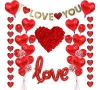 Proposal Party Decorations Balloon Set - 29 Pcs Wedding Anniversary Decor Including Red Heart Balloons, Rose Petals Heart Hangings for Romantic Valentines Day Engagement Party Supplies