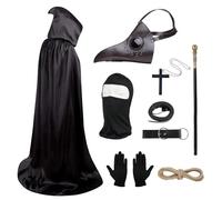 Props Costume Set, Retro Leather Bird Mask Gothic Plague Doctors Mask with Full Face Cane Black Hooded Cloak Gloves Cross Necklace Ringe Buckle Belt for Halloween Cosplay (Coffee ）