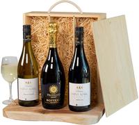 Prosecco and Fine French Wine Trio Hamper in a Wooden Box | Three bottles brought together in a classic wooden box for the wine lover, perfect for celebrating, sharing and enjoying