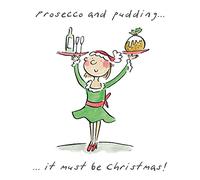 Prosecco and pudding, a 150mm square festive Christmas greetings card featuring Rosie Brooks artwork, message inside reads Merry Christmas