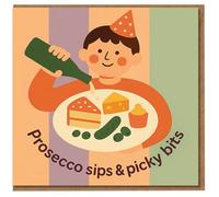 Prosecco Sips & Picky Bits Birthday Card - Party Hat Illustration with Nibbles and Bubbles - Fun Foodie Celebration Card