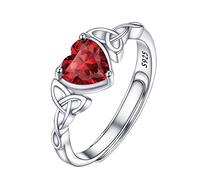 PROSILVER 925 Sterling Silver Heart Rings for Women, Adjustable Open Ring January Garnet Red Birthstone Celtic Jewellery for Ladies Girls with Gift Box