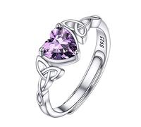 PROSILVER Adjustable 925 Sterling Silver Ring for Women Heart Solitaire Cubic Zirconia Amethyst February Purple Birthstone Open Thumb Rings, Celtic Jewellery for Ladies Girls with Gift Box