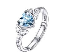 PROSILVER Adjustable 925 Sterling Silver Ring for Women Heart Solitaire Cubic Zirconia Aquamarine March Blue Birthstone Open Thumb Rings, Celtic Jewellery for Ladies Girls with Gift Box
