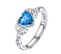 PROSILVER Adjustable 925 Sterling Silver Ring for Women Heart Solitaire Cubic Zirconia Blue Topaz December Birthstone Open Thumb Rings, Celtic Jewellery for Ladies Girls with Gift Box