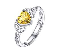 PROSILVER Adjustable 925 Sterling Silver Ring for Women Heart Solitaire Cubic Zirconia November Citrine Yellow Topaz Birthstone Open Thumb Rings, Celtic Jewellery for Ladies Girls with Gift Box