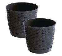 Prosperplast Ratolla Beautiful Rattan Design Plant Pot with Saucer Round or Square (2 x Round 7.5L, Anthracite)