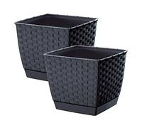 Prosperplast Ratolla Beautiful Rattan Design Plant Pot with Saucer Round or Square (2 x Square 2.5L, Anthracite)