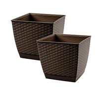 Prosperplast Ratolla Beautiful Rattan Design Plant Pot with Saucer Round or Square (2 x Square 8.2L, Dark Brown)