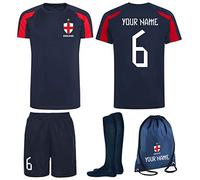 Prospo® Personalised England Style Kit Navy and Red Football Shirt, Shorts, Bag and Socks for Boys and Girls Best Birthday Gift for Children Kids Playwear