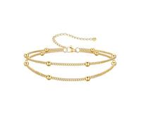 PROSTEEL Anklets for Women, Gold Adjustable Waterproof Ankle Bracelets Beaded Double Layered Foot Chain Hypoallergenic 316L Stainless Steel for Beach Summer Ladies Teen Girls with Gift Box