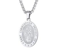PROSTEEL St Christopher Necklace for Men, Saint Christopher Pendant Chain, Catholic Protection Jewellery Silver Oval (With Gift Box)