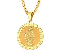 PROSTEEL St Christopher Necklace for Men, Saint Christopher Pendant Chain, Catholic Protection Jewellery Gold Round (With Gift Box)