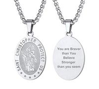 PROSTEEL St Christopher Necklace for Men, Saint Christopher Pendant Chain, Personalised Engrave Catholic Protection Jewellery Silver Oval (With Gift Box)