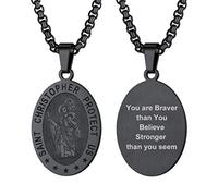 PROSTEEL St Christopher Necklace for Men, Saint Christopher Pendant Chain, Personalised Engrave Catholic Protection Jewellery Black Oval (With Gift Box)