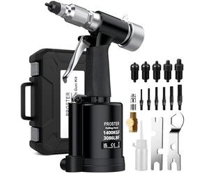 Proster Pneumatic Rivet Nut Gun - 1400KGF Air Nut Gun Set with 5 Nose-Piece & Metric Mandrels M4 M5 M6 M8 M10, Rivnut Tool Kit with Adjustable Pressure Valve for Workshop Maintenance