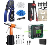 Proster RJ45 Crimp Tool Set 3-in-1+Rivet Nut Tool 14"+Pneumatic Air Riveter for 2.4-4.8mm+Angle Finder Digital Inclinometer with Green Laser