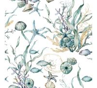 PROSUCO Watercolour Sea Life Peel and Stick Wallpaper, Aqua and Gold Marine, Self-Adhesive Removable Wallpaper Wall Stickers for Home Bedroom Cabinets Thicken 17.3" x 118"