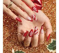 Prosy 24pcs Christmas French Oval Press on Nails Snowflake Crutch Glitter Fake Nails Full Cover Falise Nails for Women and Girls (B)