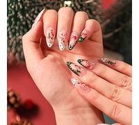 Prosy 24pcs Christmas French Oval Press on Nails Snowflake Crutch Glitter Fake Nails Full Cover Falise Nails for Women and Girls (A)