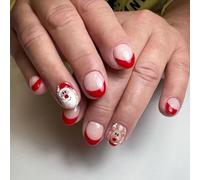 Prosy 24pcs Christmas Nails Short Oval Fake Nails Red Elk Forest Snowflakes Crutch False Nails Snowman Press on Nails for Women and Girls (Red A)