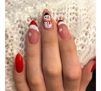 Prosy 24pcs Christmas Nails Short Oval Fake Nails Red Elk Forest Snowflakes Crutch False Nails Snowman Press on Nails for Women and Girls (Red C)