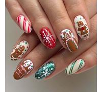 Prosy 24pcs Christmas Nails Short Oval Fake Nails Red Elk Forest Snowflakes Crutch False Nails Snowman Press on Nails for Women and Girls (Red E)