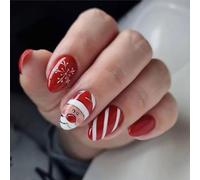 Prosy 24pcs Christmas Nails Short Oval Fake Nails Red Elk Forest Snowflakes Crutch False Nails Snowman Press on Nails for Women and Girls (Red B)