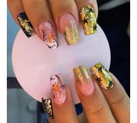Prosy 24pcs Christmas Nails Short Square Fake Nails Red Elk Forest Snowflakes False Nails Snowman Gold Foil Glitter Press on Nails for Women and Girls (Gold C)