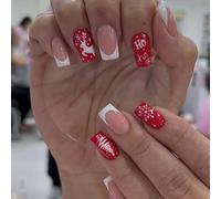 Prosy 24pcs Christmas Nails Short Square Fake Nails Red Elk Forest Snowflakes False Nails Snowman Gold Foil Glitter Press on Nails for Women and Girls (Red I)