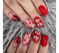 Prosy 24pcs Christmas Nails Short Square Fake Nails Red Elk Forest Snowflakes False Nails Snowman Gold Foil Glitter Press on Nails for Women and Girls (Red F)
