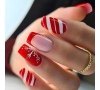 Prosy 24pcs Christmas Nails Short Square Fake Nails Red Elk Forest Snowflakes False Nails Snowman Gold Foil Glitter Press on Nails for Women and Girls (Red E)