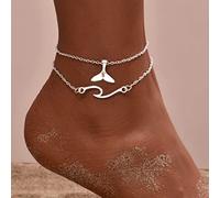 Prosy Double Layer Beach Wave Anklets Silver Ankle Bracelet Fish Tail Forever Pendant Summer Foot Jewelry Accessories for Women and Girls (A)