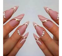 Prosy Franch 24pcs Almond Fake Nails Golden Line Blue Colorful Glossy Pearl False Nail Acrylic Art Full Cover Press on Nails Stick on Nails for Women and Girls (G)