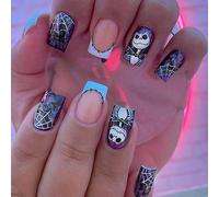Prosy Halloween French 24pcs Medium Square Press on Nails Pink Cute Ghost Designs False Nail Acrylic Nails for Women (D)