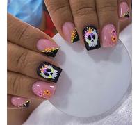 Prosy Halloween French 24pcs Medium Square Press on Nails Pink Cute Ghost Designs False Nail Acrylic Art Full Cover Fake Nails Stick on Nails for Women and Girls (A)