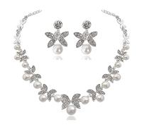 Prosy Wedding Bride Crystal Pearl Necklace Silver Earrings Set Rhinestone Pendant Choker Necklaces Jewellery for Women and Girls (D)