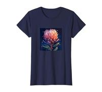 Protea Flowers and Hearts Boho Style Graphic T-Shirt, Women, Navy Blue, XX-Large
