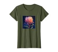 Protea Flowers and Hearts Boho Style Graphic T-Shirt, Women, Olive Green, X-Small