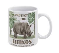 Protect The Rhinos White Ceramic Coffee Mug 11 Oz, Double-Sided Printed Tea Cup with Ergonomic C-Handle, Thickened Bottom Porcelain Drinkware for Home Office Kitchen, Novelty Gifts for Friends