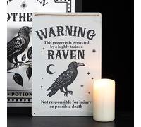 Protected by a Raven Hanging Sign - Gothic Warning Sign with Raven and Moon Artwork - Durable Metal Design - Perfect for Entryways, Gates, or Porches - Unique Dark Humor Home Décor
