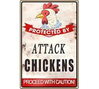 Protected by Attack Proceed Chickens With Caution Outdoor Chicken Coop Yard Aluminum Tin Sign Metal Wall Art Decorations Iron Painting for Home Decor Room Door Accessories Poster Housewarming Gifts
