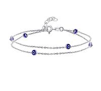 Protection Amulet Minimalist Delicate Double Row Navy Blue Evil Eye Anklet Ankle Bracelet For Women Teen .925 Sterling Silver 8.5-9.5 Inch