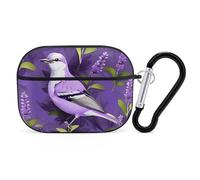 Protective Case for AirPods Pro 2nd/1st Bird in Purple Lavender Floral Flowers AirPods Pro Case Accessory with Keychain,Supports Wired Or Wireless Charging