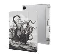 Protective Case for iPad Pro 12.9 Inch 2022/2021/2020/2018,6th/5th/4th/3rd Generation,Black White Octopus And Ship Printed iPad Pro 12.9 Case with Pencil Holder,Auto Wake/Sleep