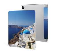 Protective Case for iPad Pro 12.9 Inch 2022/2021/2020/2018,6th/5th/4th/3rd Generation,Santorini Greek Island Sea View Printed iPad Pro 12.9 Case with Pencil Holder,Auto Wake/Sleep