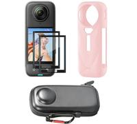 Protective Set Compatible with Insta360 X5, 3-in-1 Kit, Shockproof Storage Case, Silicone Protective Cover, 2 Pcs Screen Protector, Anti-Scratch (Pink)