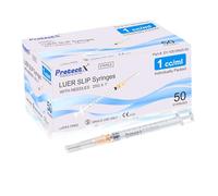 ProtectX 50 Pack 1ml/cc Syringe with 25G 1 Inch Needle Luer Slip Disposable Syringe for Scientific Labs, Industrial Dispensing Animal and Pet Supplies, Individually Sealed Packed
