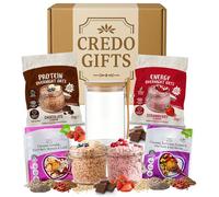 Protein Overnight Oats & Flaxseed Mix Gift Bundle - Strawberry, Chocolate Oats, Chia, Goji, Almond, Walnut, CoQ10 Seed Blend with Portable Breakfast Container - Healthy Food Porridge Kit